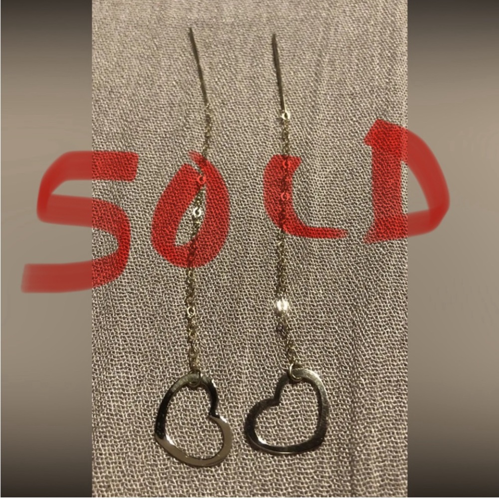 SOLD. 14k Yellow Gold “JCM” Floating Hearts Threader Earrings Marked 14k